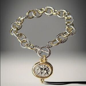 Etruscan Revival 2 Tone Silver Gold Twisted Rope Ancient Coin Toggle Bracelet
